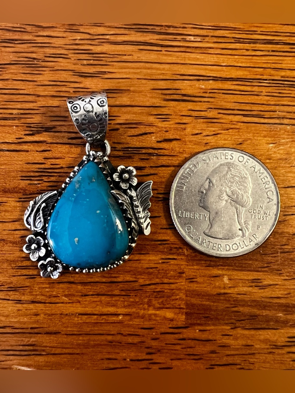 925 Sterling Silver Kingman Turquoise Teardrop Pendant Floral Southwest - Picture 11 of 12